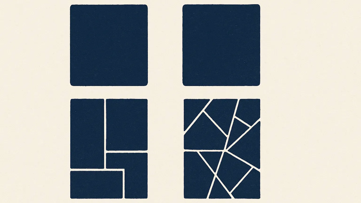 Two identical dark shapes side by side, with the same shape shown below each one divided into a different arrangement of straight-edged component pieces.